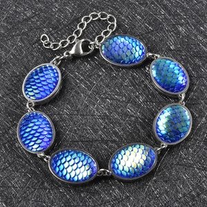 Blue Magic Dragon Mermaid Disco Ball Theme Oval Charm Station Bracelet